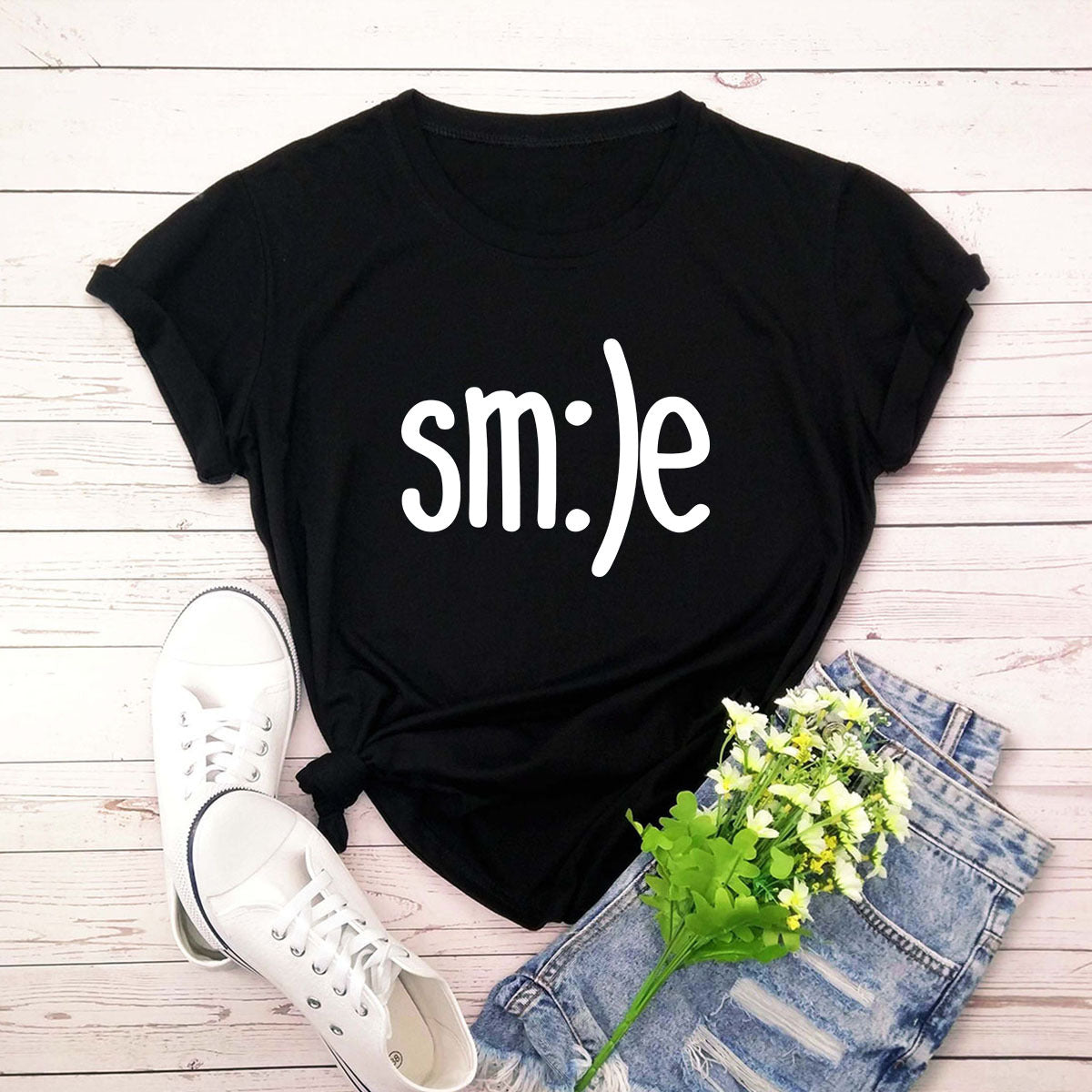Smile Graphic Plus Size Women’s T-Shirt (S–5XL) – 100% Cotton Summer Short Sleeve Crew Neck Tee