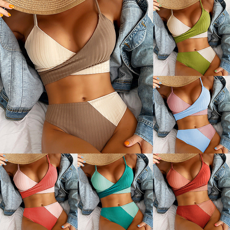 Bikini Patchwork Swimwear, Ribbed Women's Swimsuit, Knot Back Beachwear Ruched Butt Biquinis Bathing Suits