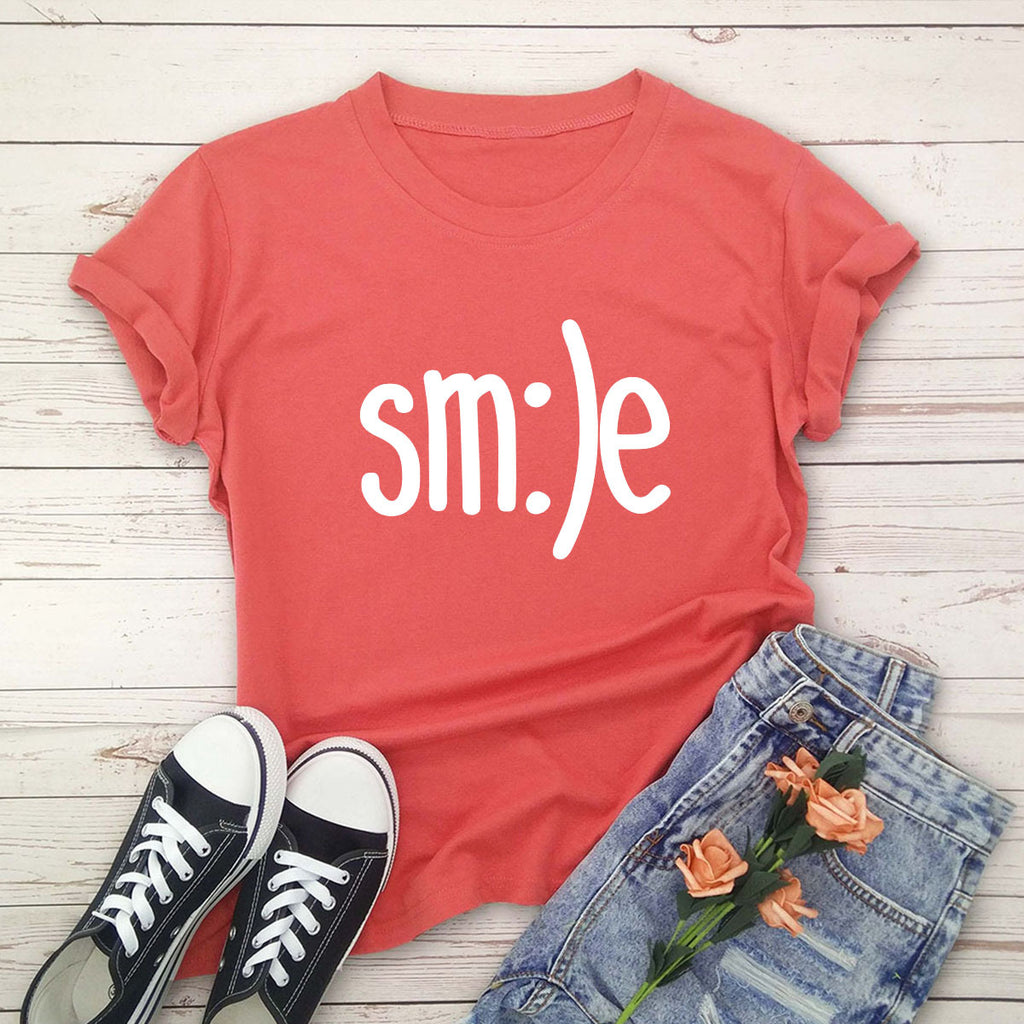 Smile Graphic Plus Size Women’s T-Shirt (S–5XL) – 100% Cotton Summer Short Sleeve Crew Neck Tee