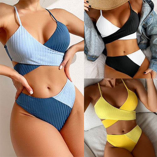 Bikini Patchwork Swimwear, Ribbed Women's Swimsuit, Knot Back Beachwear Ruched Butt Biquinis Bathing Suits