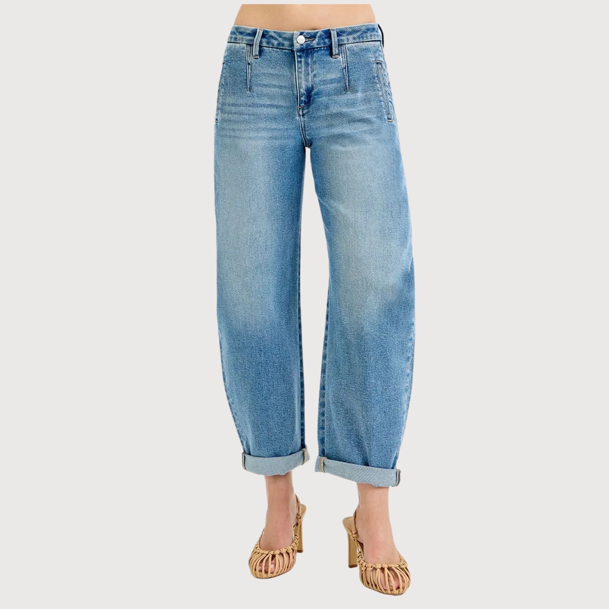 RISEN Full Size Mid Rise Fit Barrel Roll Up Jeans Plus Size